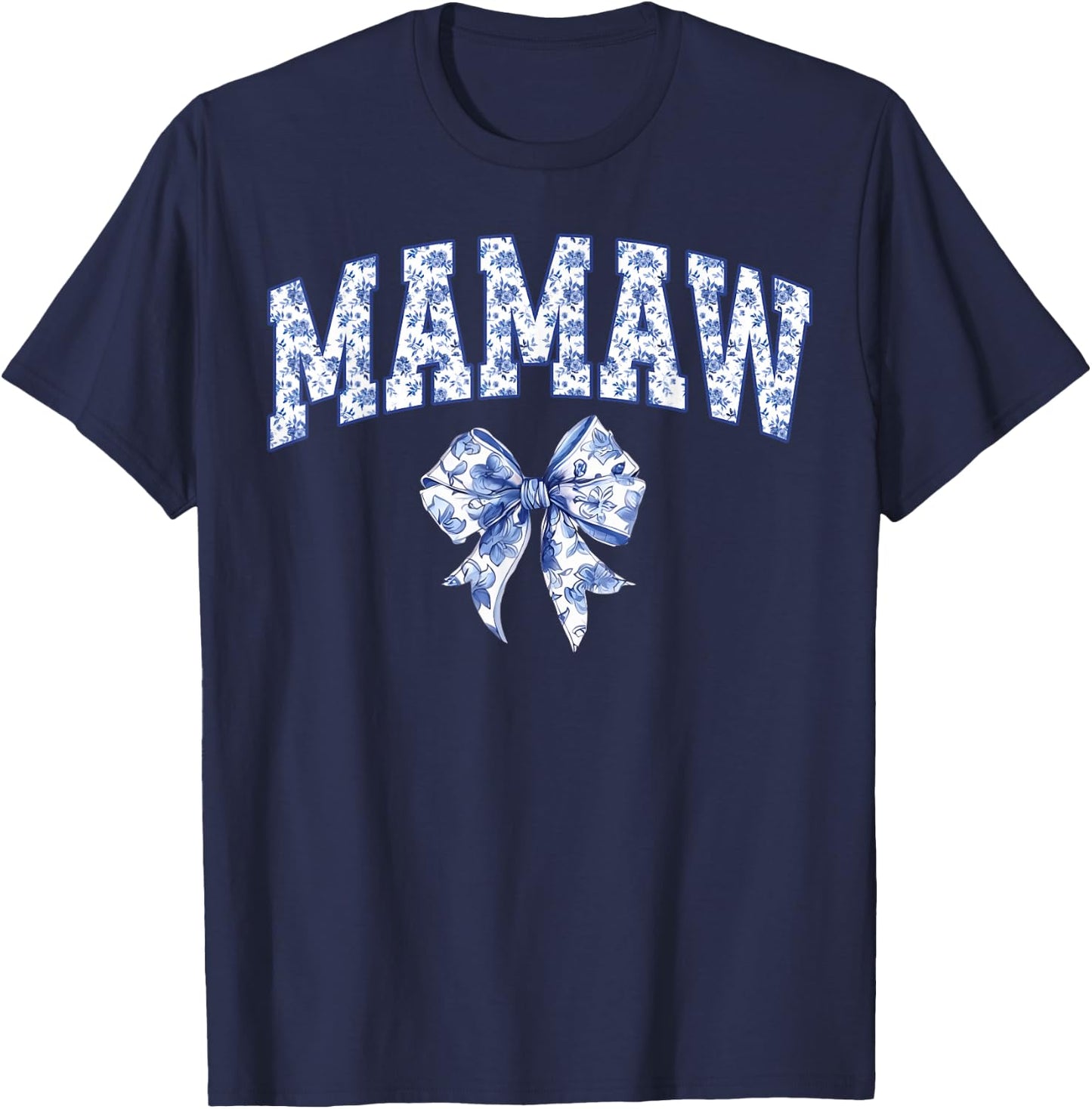 Mamaw Coquette Toile Blue Bow Floral Family Matching T-Shirt - T-Shirt | Navy