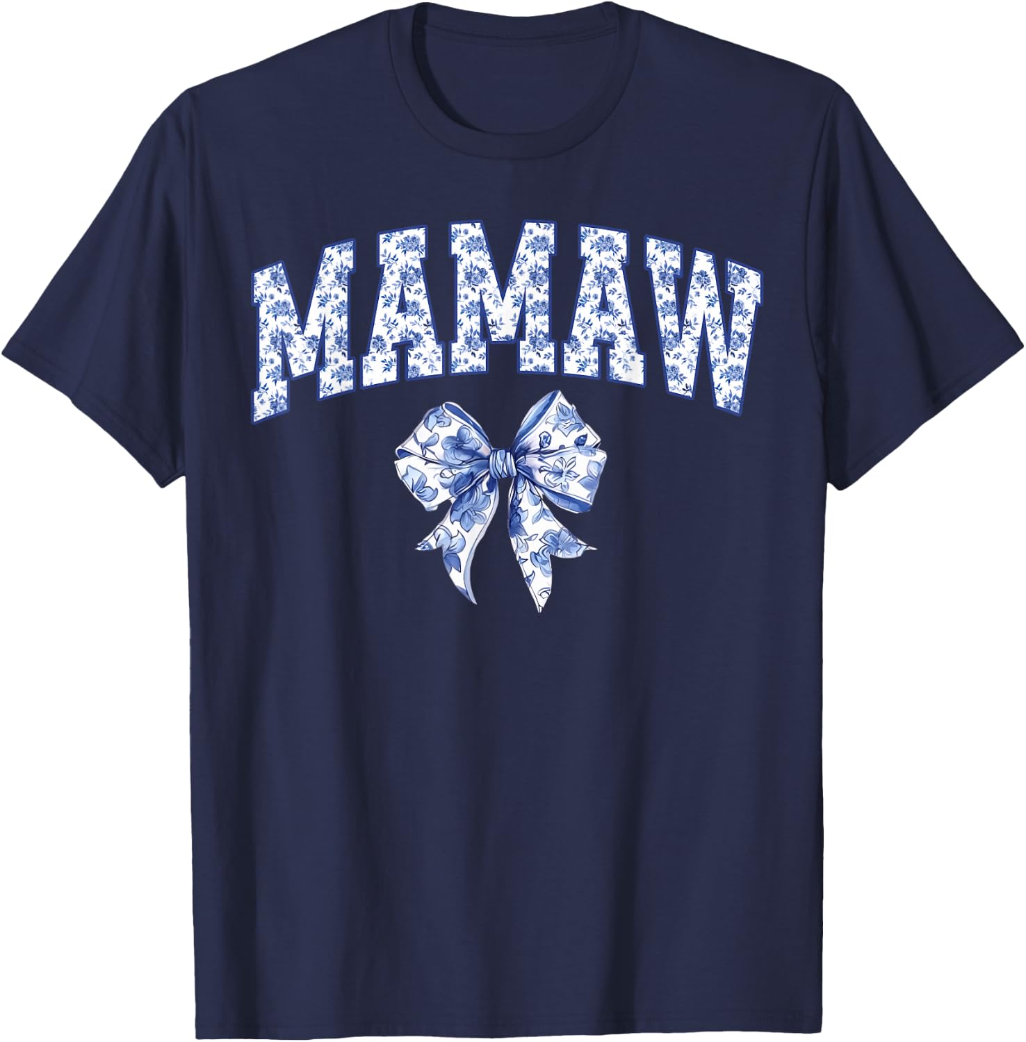 Mamaw Coquette Toile Blue Bow Floral Family Matching T-Shirt - T-Shirt | Navy