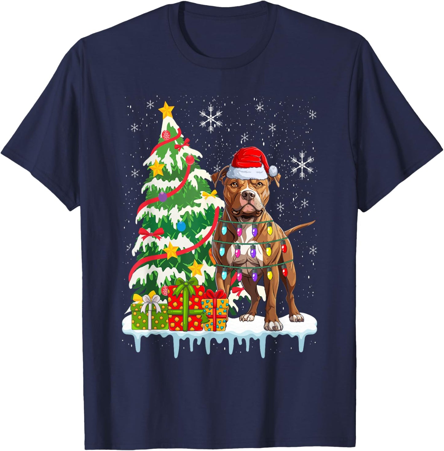 Pitbull Christmas Santa Pitbull Dog Lovers Christmas Tree T-Shirt - T-Shirt | Navy