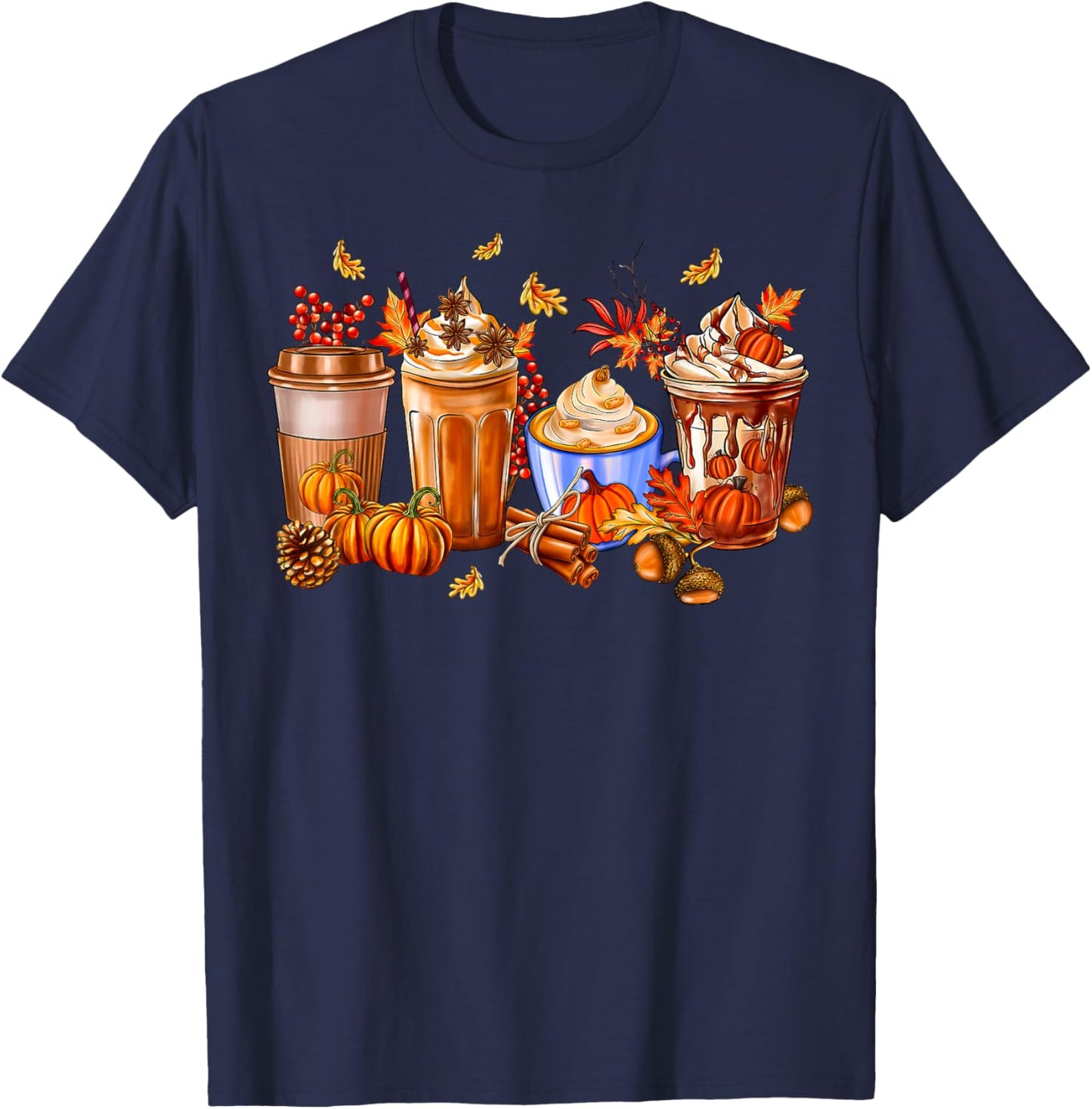 Pumpkin Spice Latte Coffee Cups Autumn Fall Season Costume T-Shirt - T-Shirt | Navy