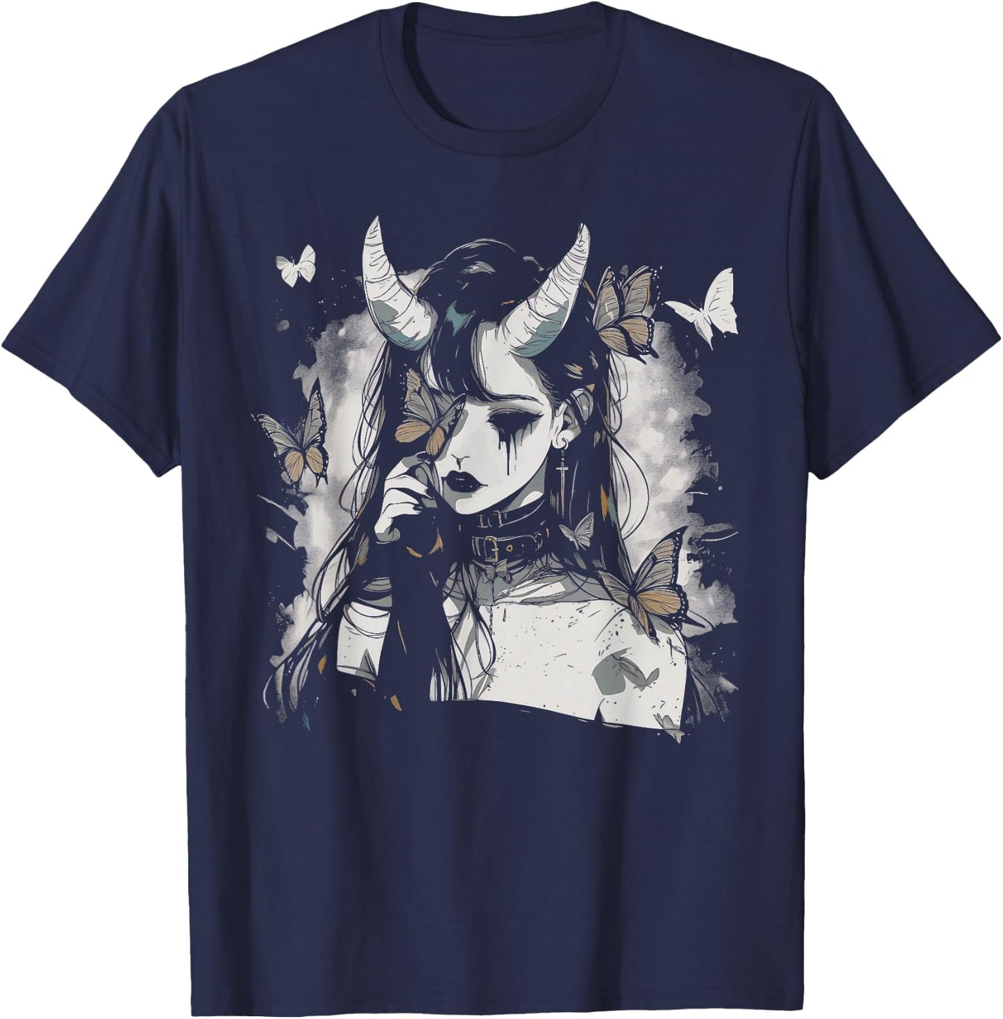 Butterfly Girl Sad Goth Anime Alt Alternative Art Aesthetic T-Shirt - T-Shirt | Navy