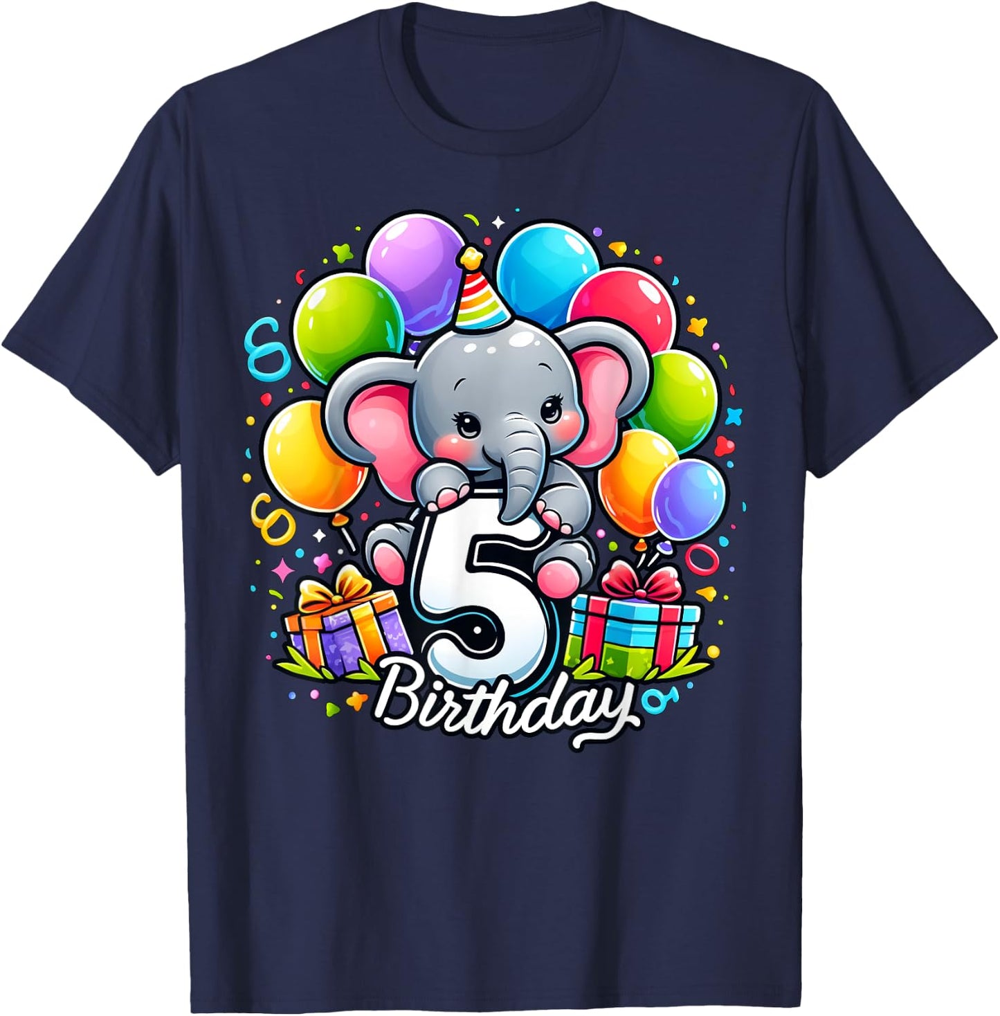 Kids Elephant Theme fifth Bday Party 5th Elephant Birthday T-Shirt - T-Shirt | Navy