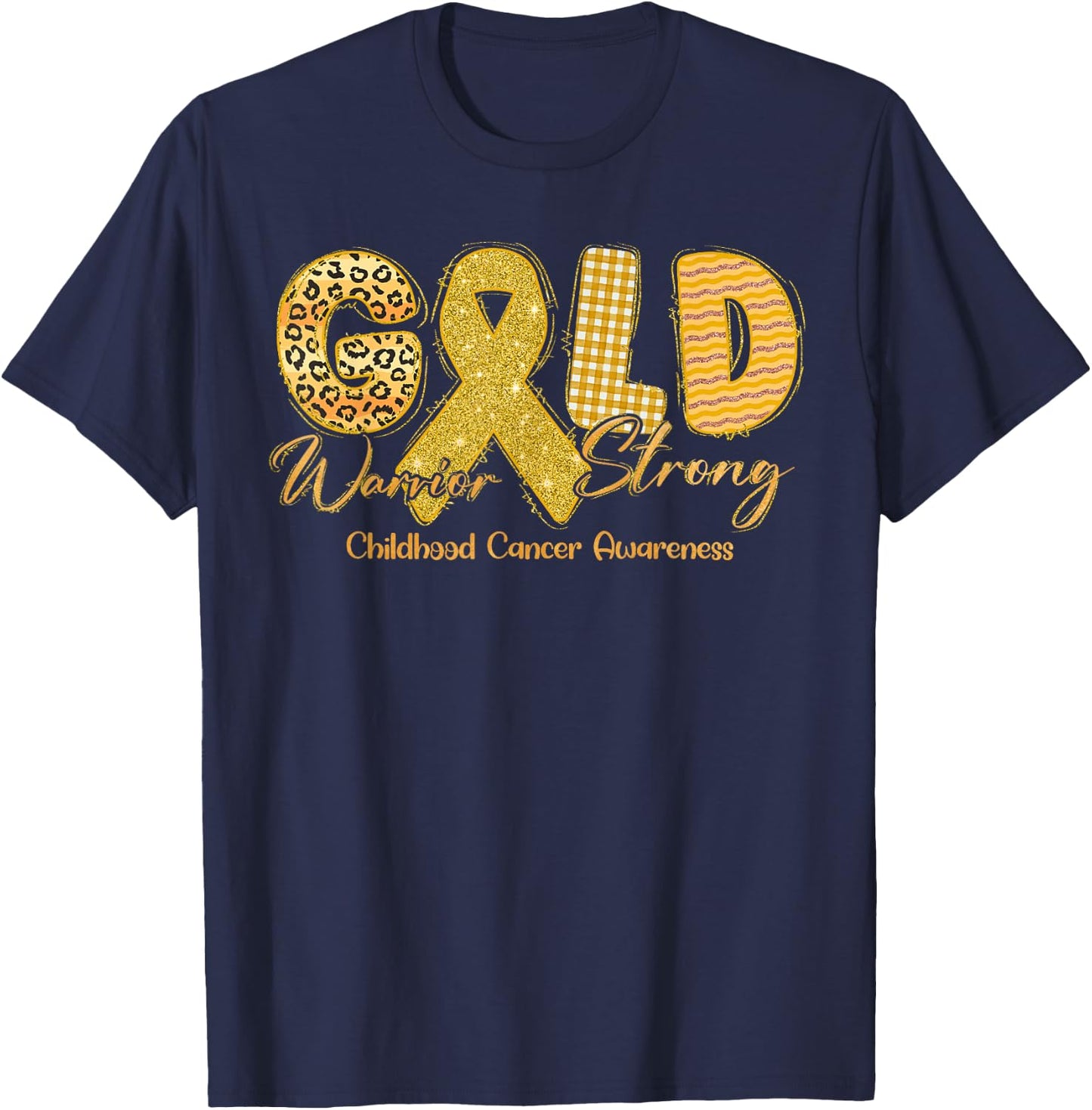 Gold Warrior Strong Childhood Cancer Awareness Gold Ribbon T-Shirt - T-Shirt | Navy