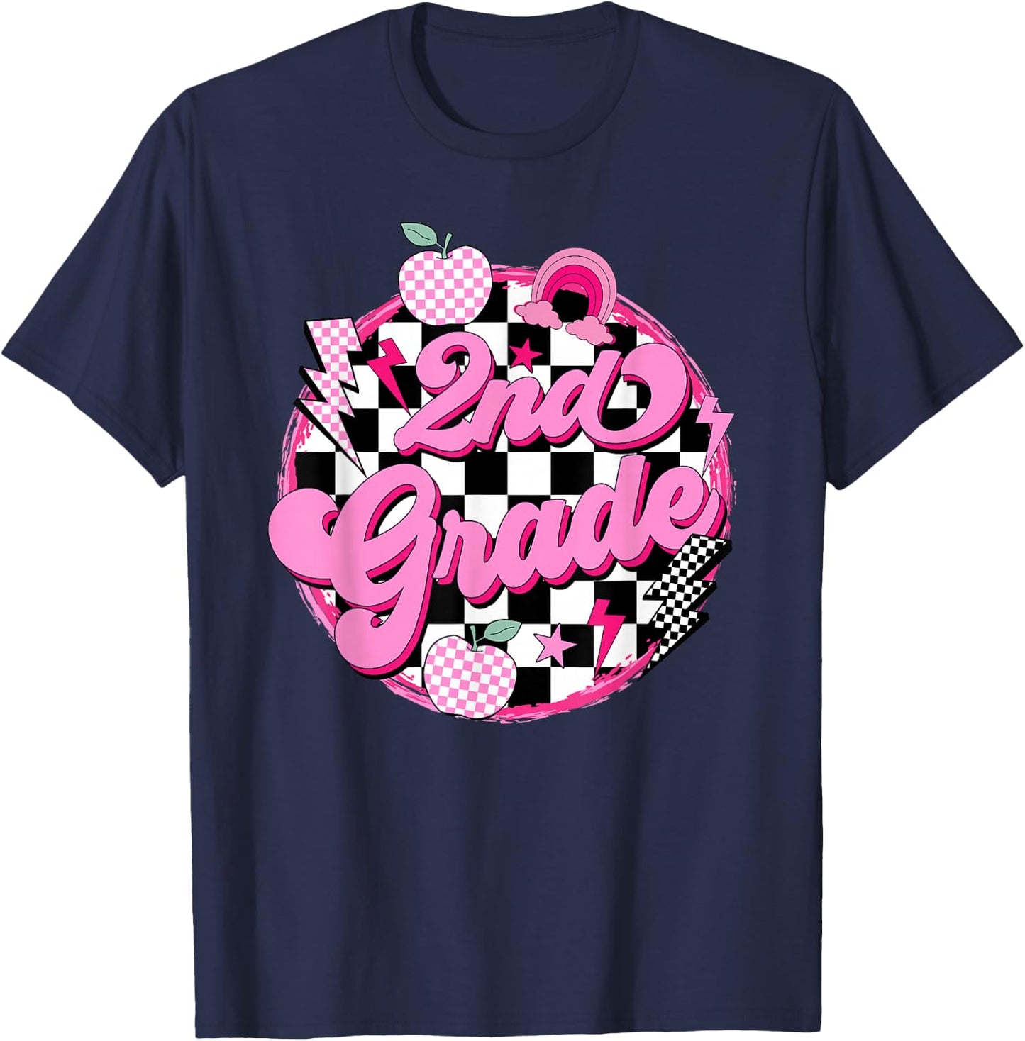 2nd Grade Teacher Women Retro Checkered First Day of School T-Shirt - T-Shirt | Navy