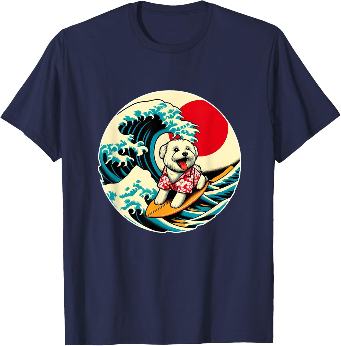 Great Wave Kanagawa Maltese dog Surfing Women Kids T-Shirt - T-Shirt | Navy