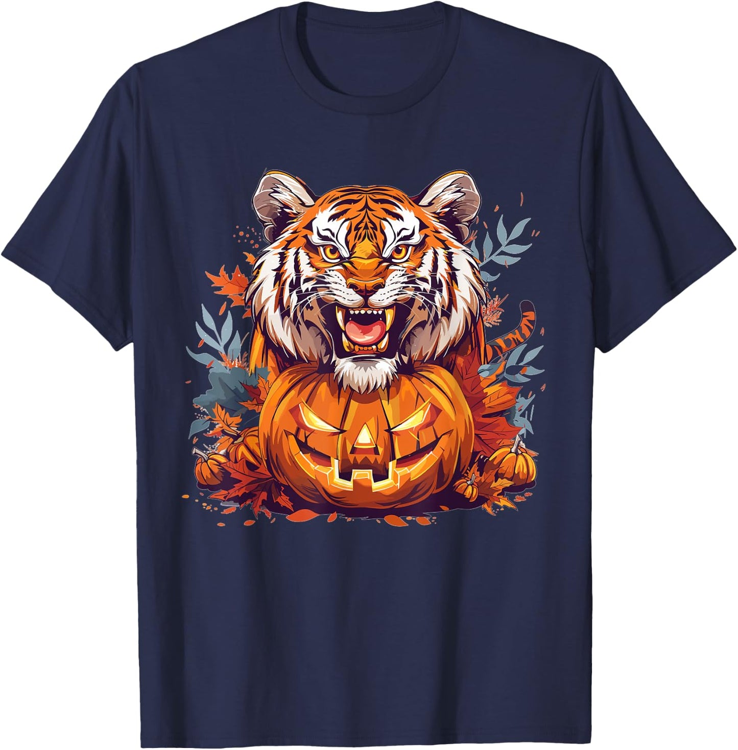 Cute Tiger With Pumpkin I Halloween T-Shirt - T-Shirt | Navy