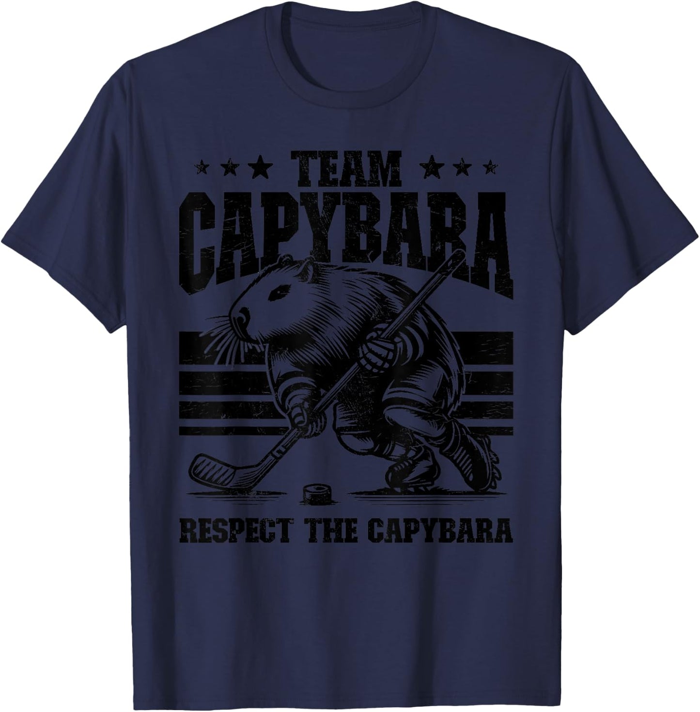 Team Capybara Hockey Funny Retro Capybara Playing Hockey T-Shirt - T-Shirt | Navy