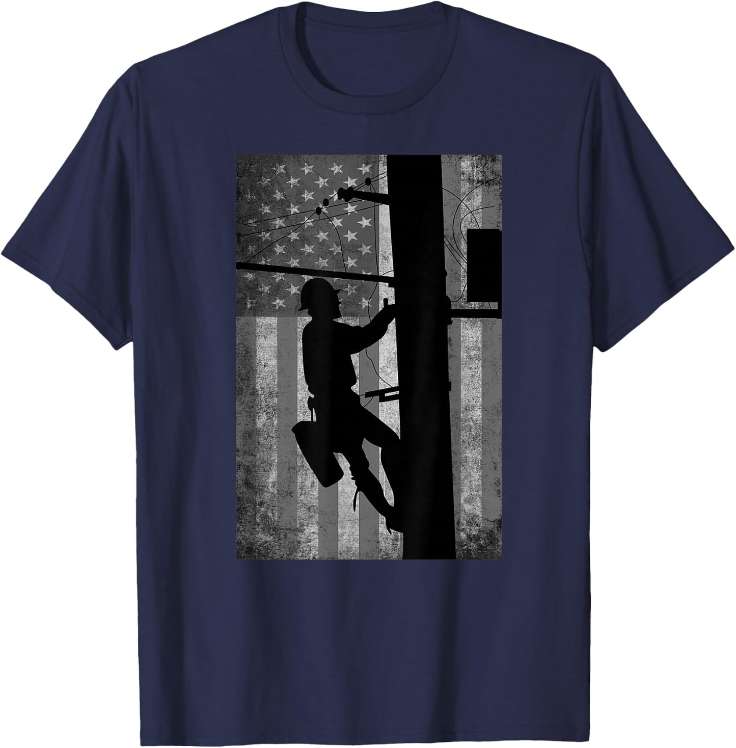Lineman American Flag | Electric Cable Lineman Gift T-Shirt - T-Shirt | Navy