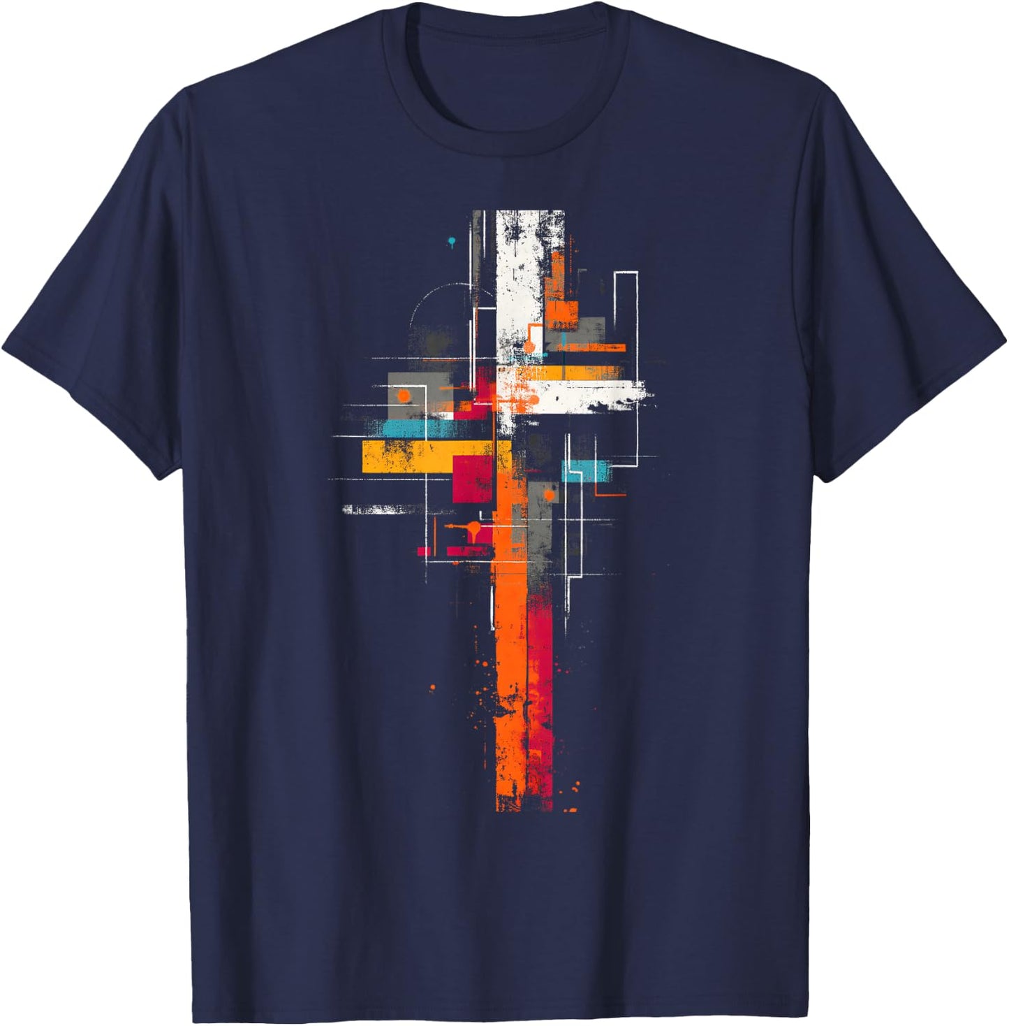 Grunge Abstract Geometric Cross, Orange Yellow Teal Graphic T-Shirt - T-Shirt | Navy