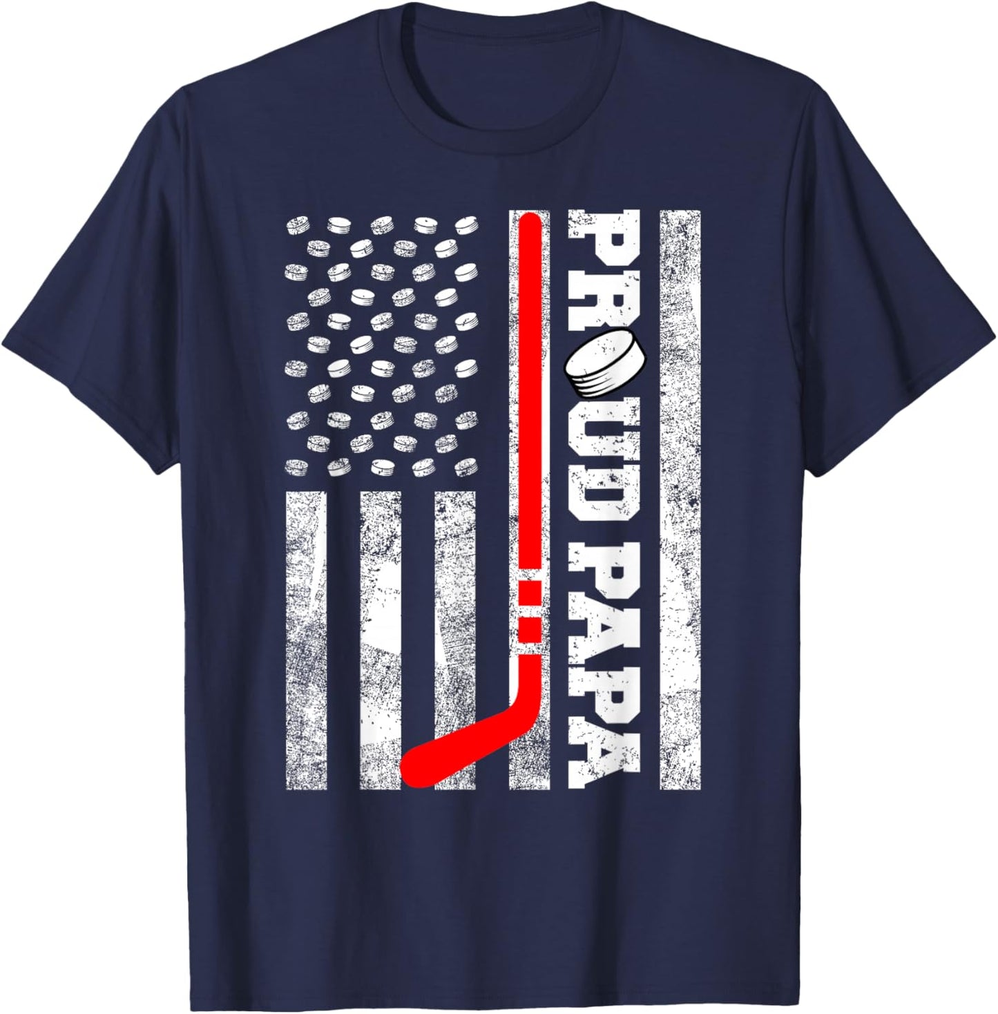 Proud Papa American Distressed Flag Funny Hockey Papa T-Shirt - T-Shirt | Navy