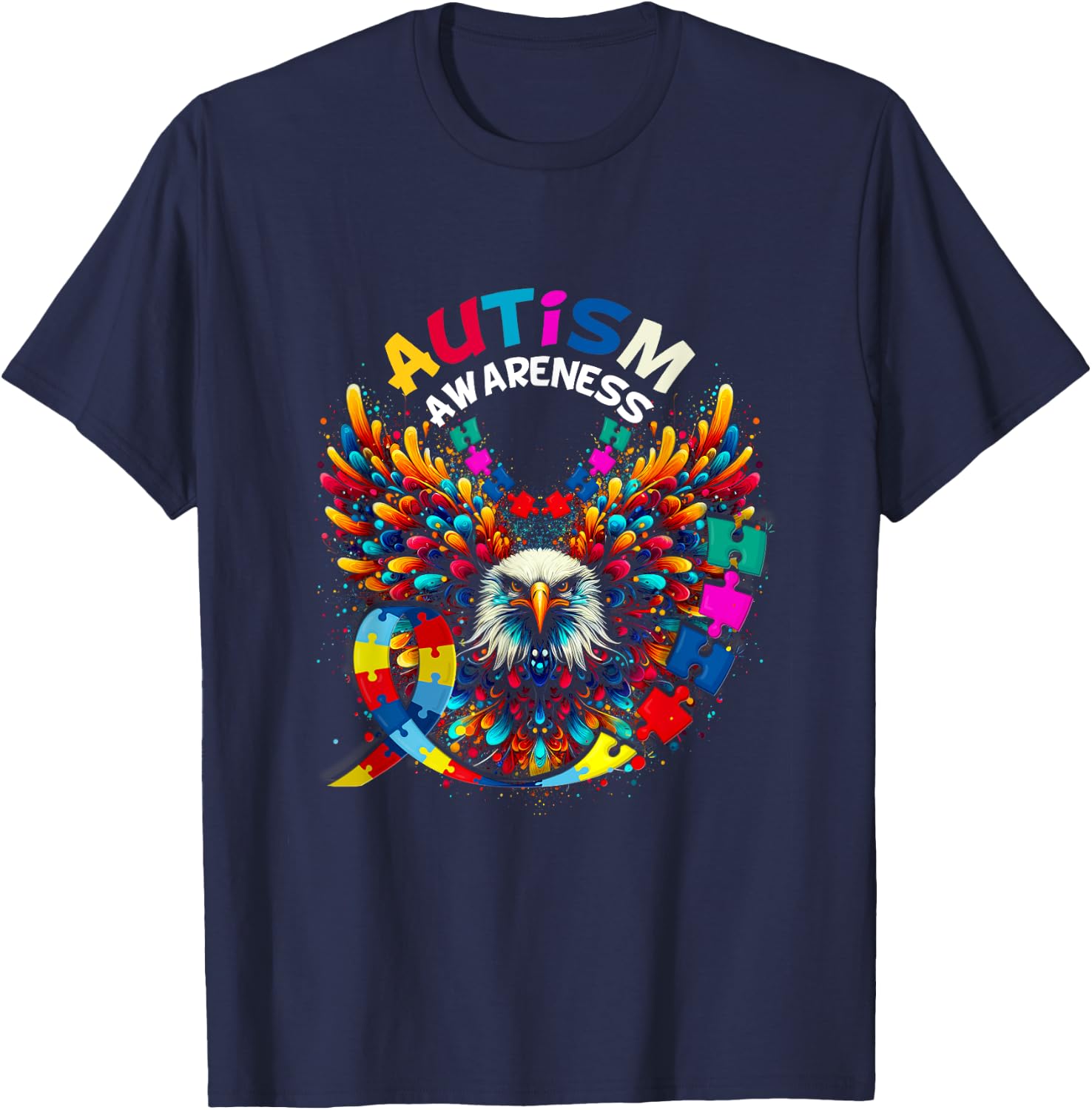 Autism Awareness Puzzle Pieces Eagle Family Health Support T-Shirt - T-Shirt | Navy