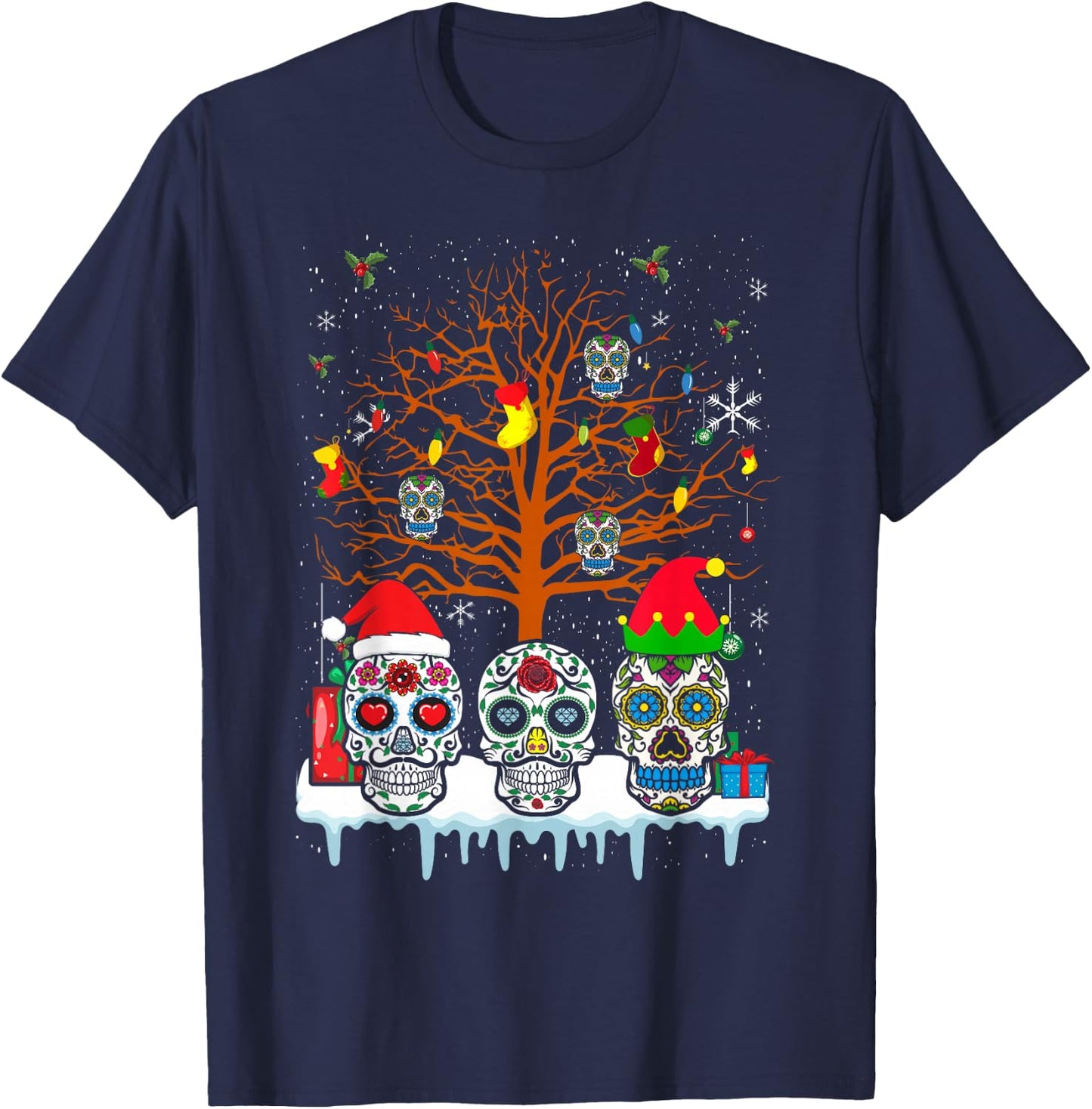 Christmas Sugar Skull On Tree Funny Santa Sugar Skull T-Shirt - T-Shirt | Navy