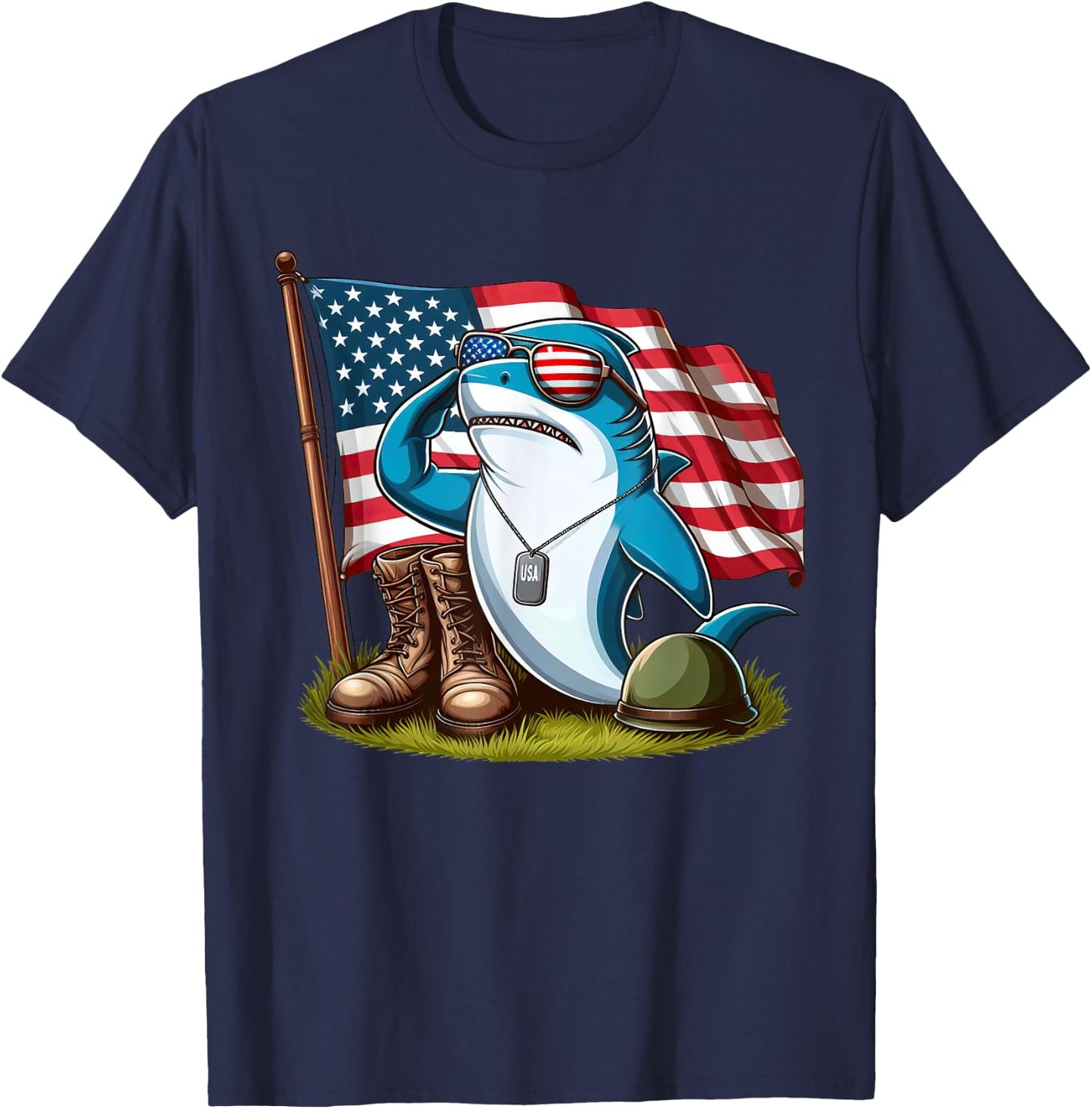 Salute Shark American USA Flag Memorial Day 4th of July T-Shirt - T-Shirt | Navy