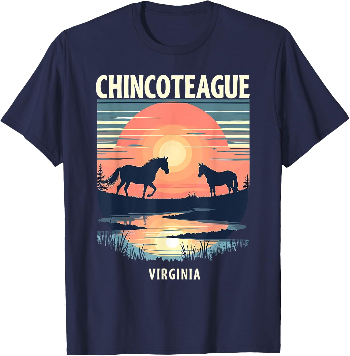 Retro Sunset Horse Silhouettes Chincoteague Virginia T-Shirt - T-Shirt | Navy