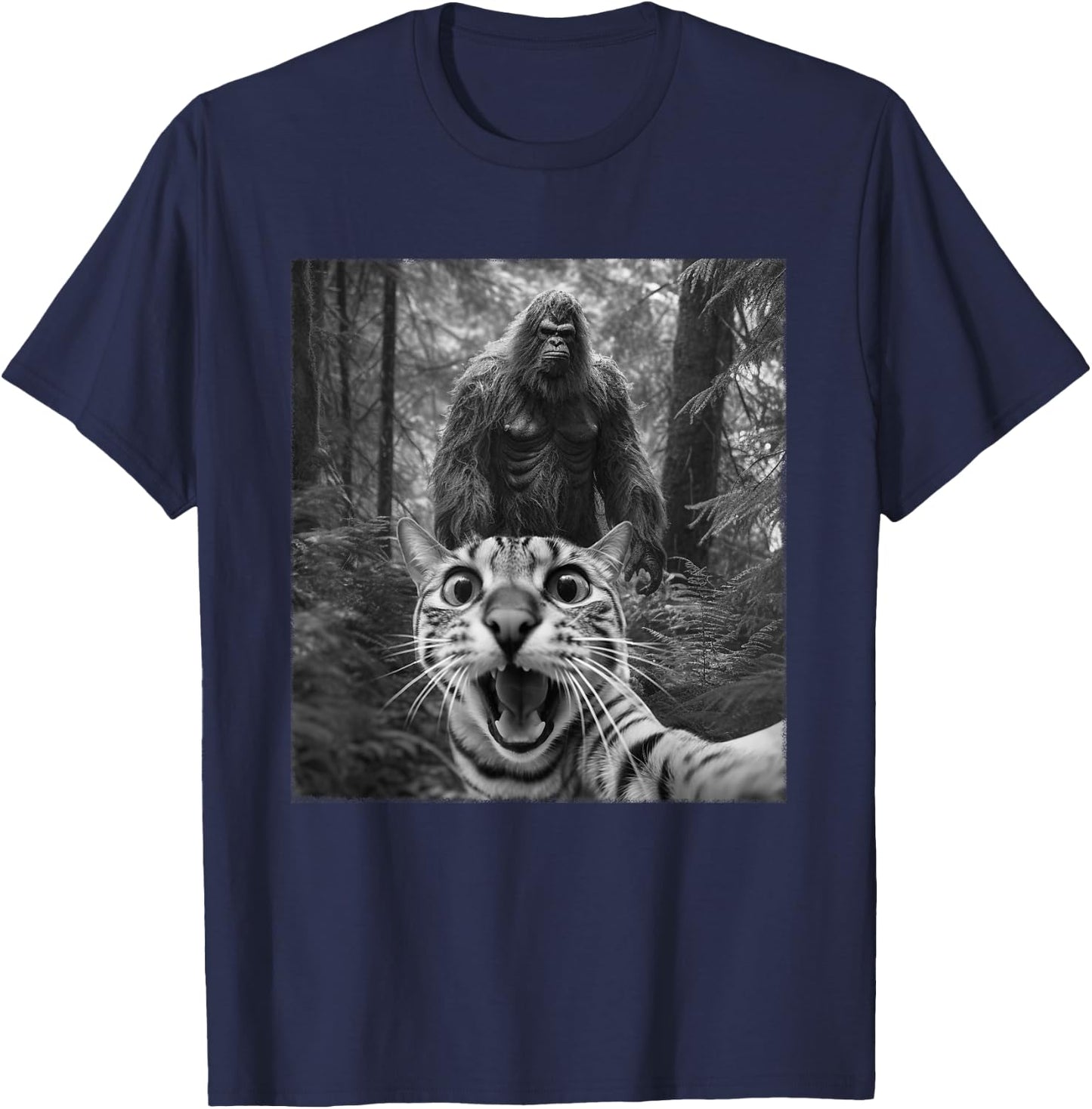 Surprised Scared Cat Selfie With Sasquatsch Bigfoot Meme Women Kids T-Shirt - T-Shirt | Navy