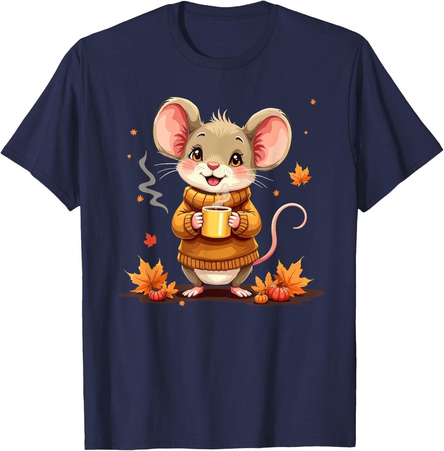 Cute Mouse With Sweater Autumn Graphic T-Shirt - T-Shirt | Navy