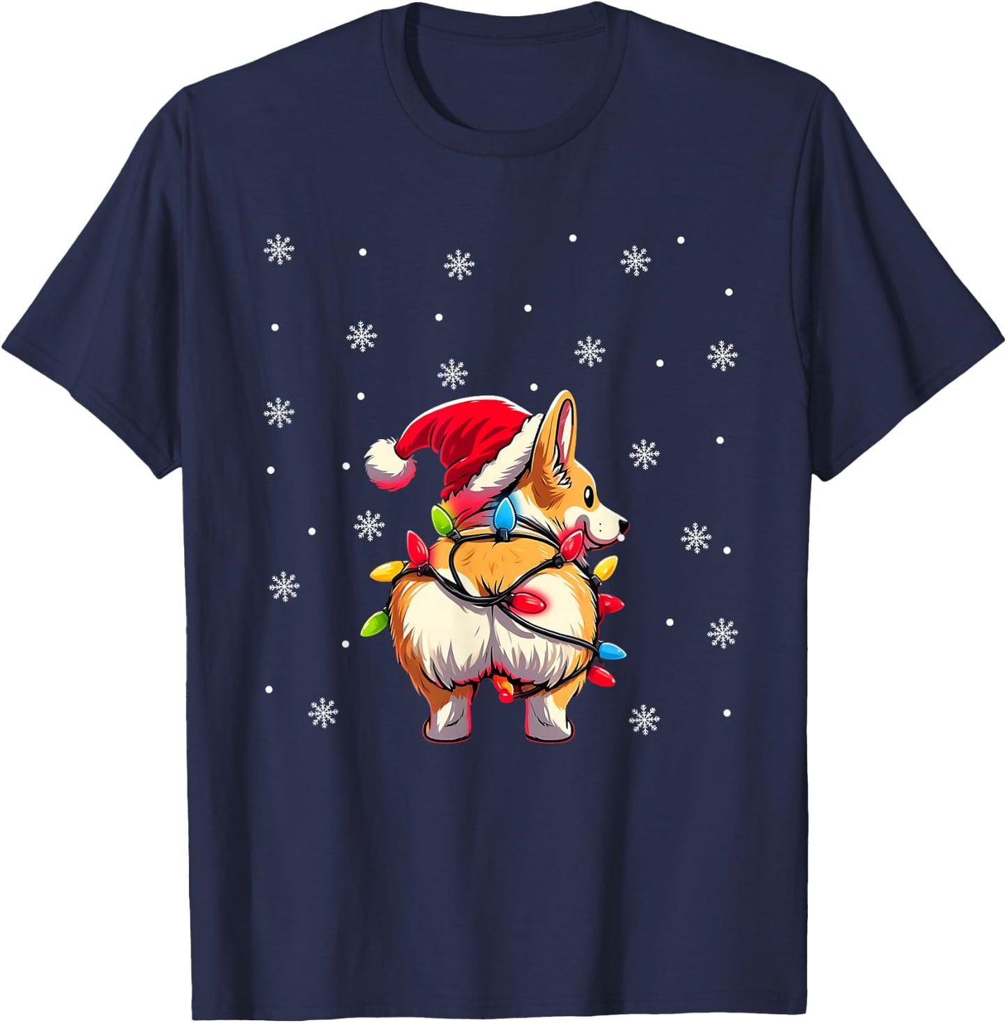Corgi Butt Funny Santa Hat Christmas Snowflakes Lights T-Shirt - T-Shirt | Navy