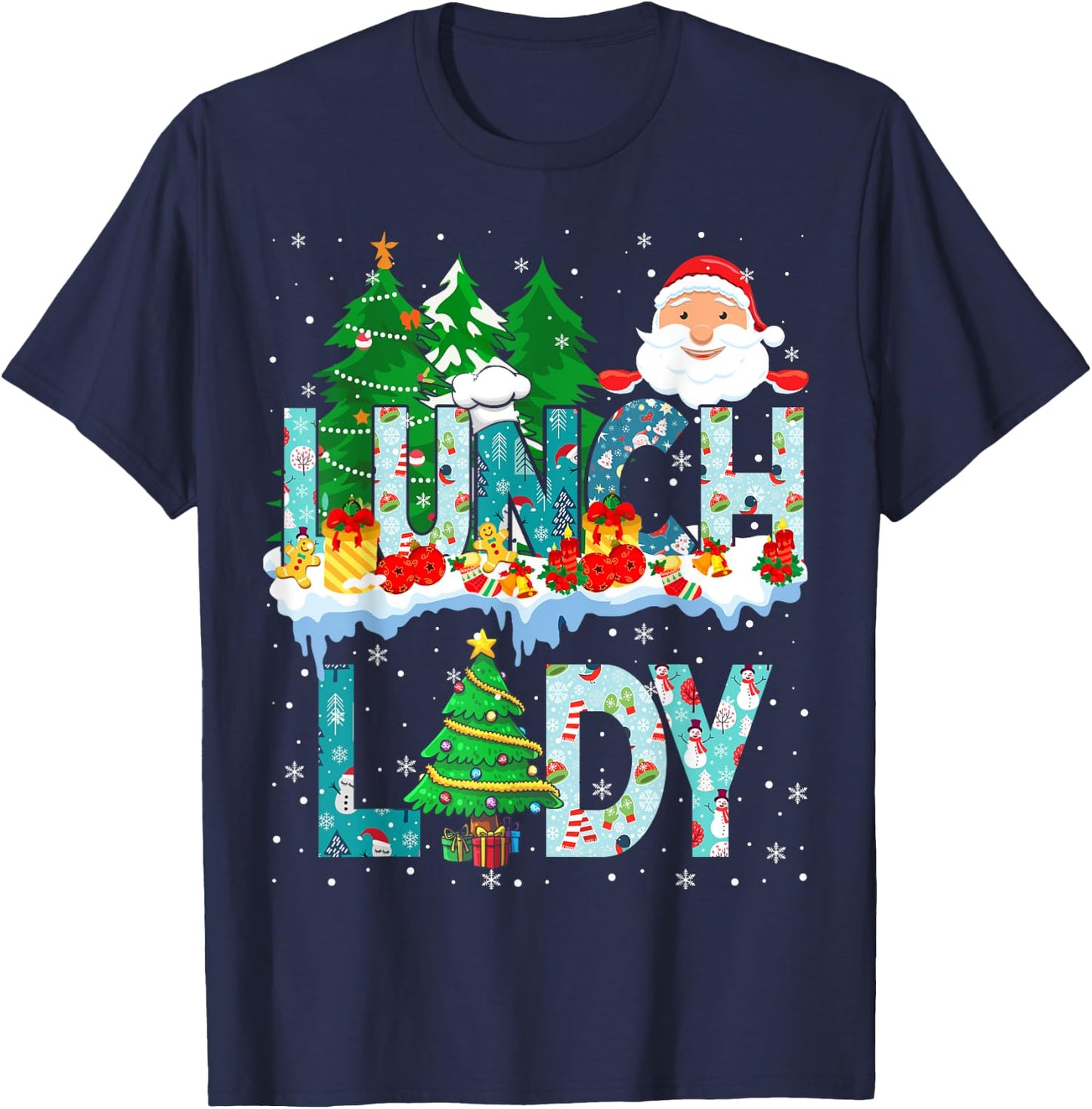 Lunch Lady Christmas Tree Santa Matching Xmas Lunch Lady T-Shirt - T-Shirt | Navy