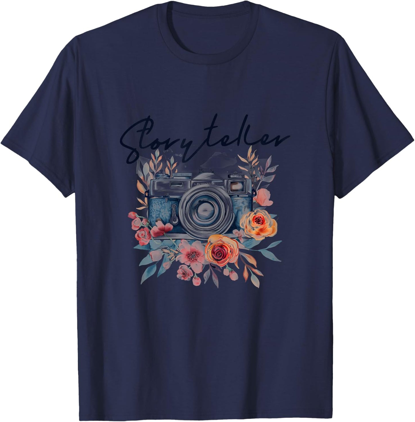 Photographer Storyteller Vintage Camera Flowers Photography T-Shirt - T-Shirt | Navy