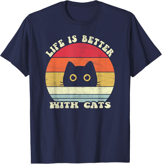 Life Is Better With Cats Cat Shirt Retro 70s Style Cute Paw T-Shirt - T-Shirt | Navy