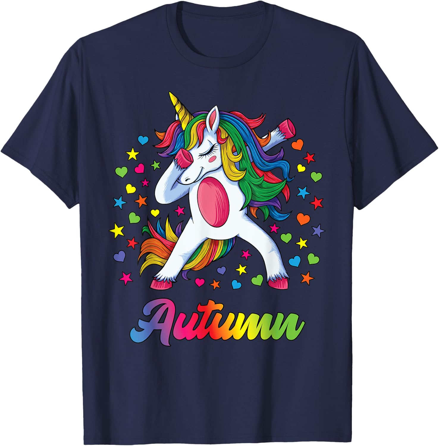 Autumn Dabbing Unicorn Rainbow Personalized Name Custom T-Shirt - T-Shirt | Navy