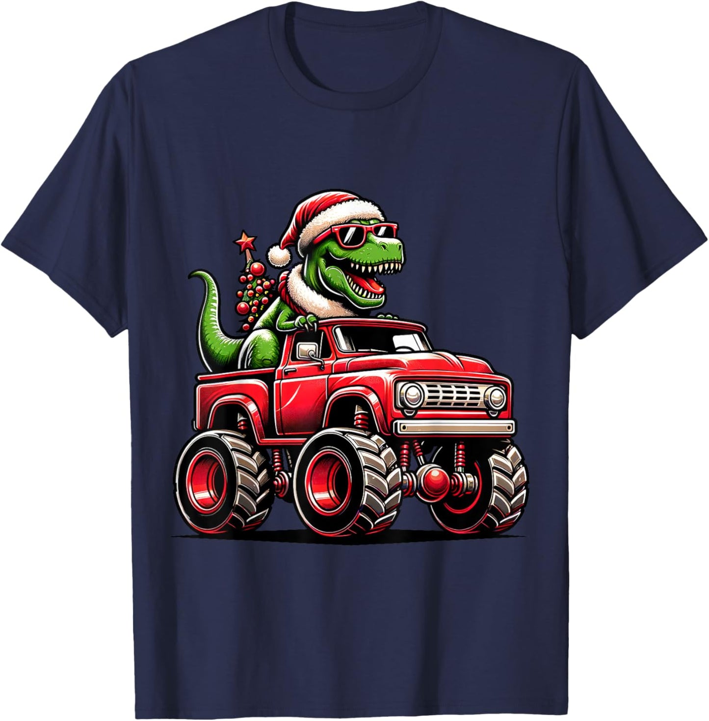 Christmas T Rex Monster Truck Boys Dinosaur Santa Xmas Funny T-Shirt - T-Shirt | Navy