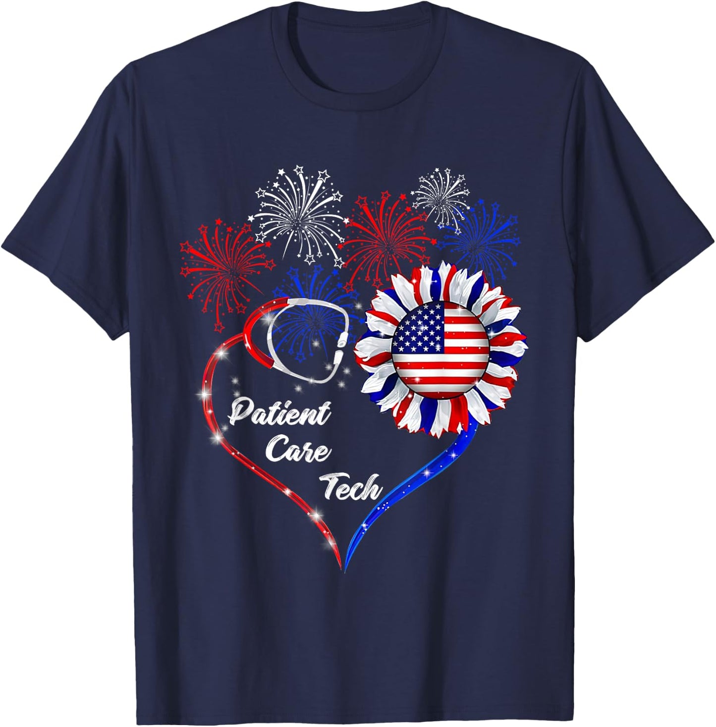 American Flag July 4th Firework Sunflower Patient Care Tech T-Shirt - T-Shirt | Navy
