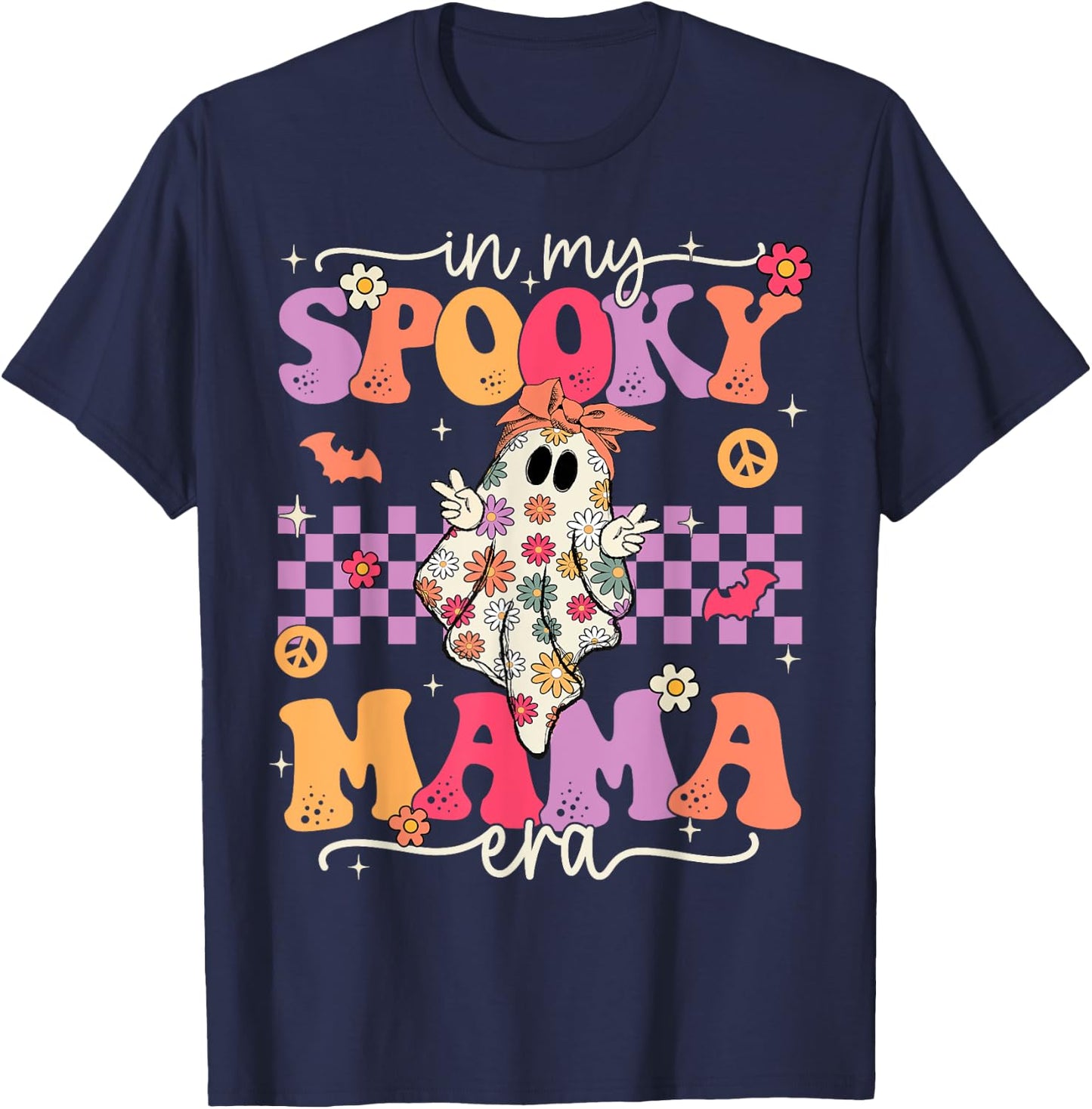 Groovy In My Spooky Mama Era Cute Retro Mom Halloween Ghost T-Shirt - T-Shirt | Navy