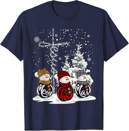 Merry Christmas Snowman Leopard Buffalo Red Plaid Men Women T-Shirt - T-Shirt | Navy