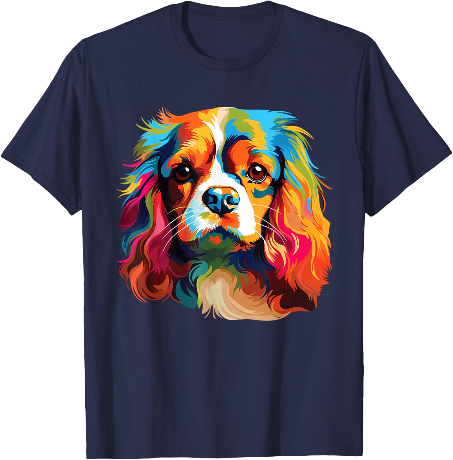 Watercolor Colorful Cavalier King Charles Spaniel Dog T-Shirt - T-Shirt | Navy