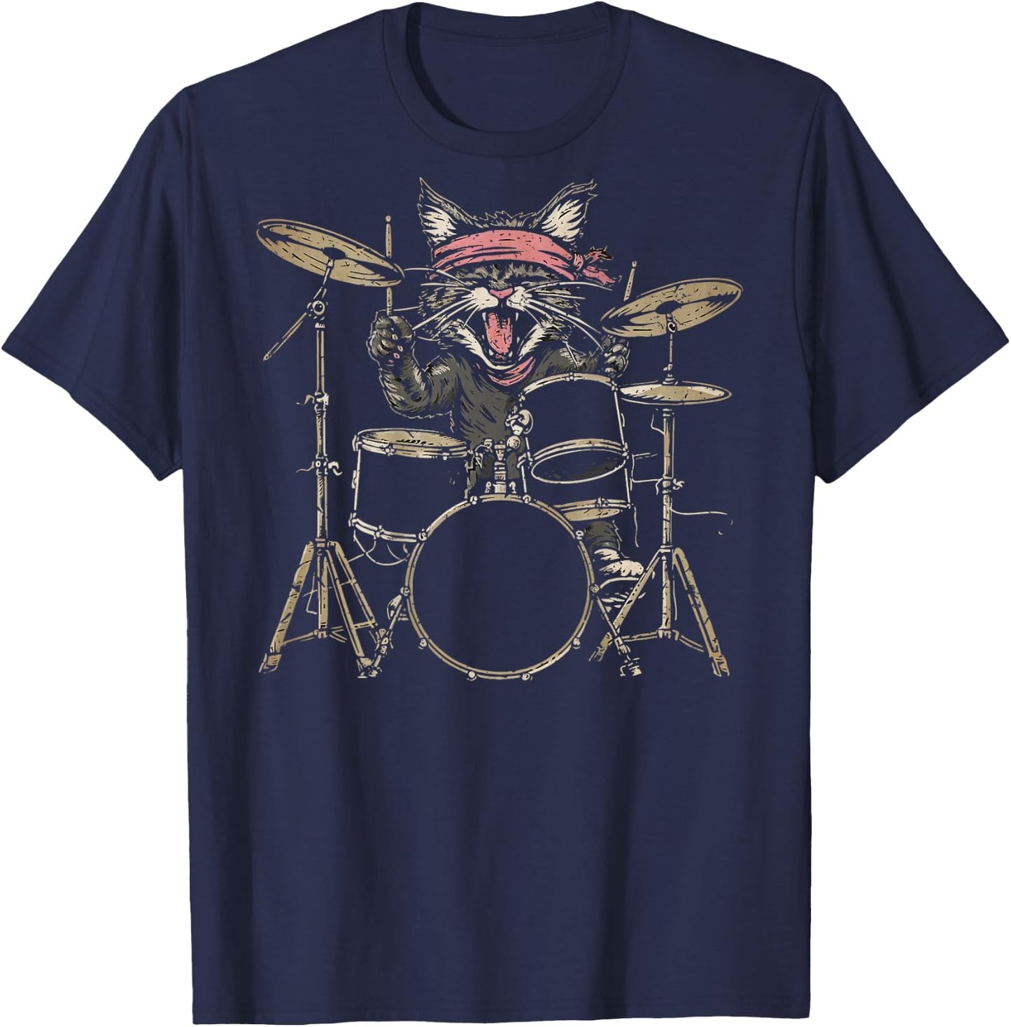 Rock and Roll Cat Drum Vintage ROCK Cat Drummer (ART BACK) Men Women Kids T-Shirt - T-Shirt | Navy