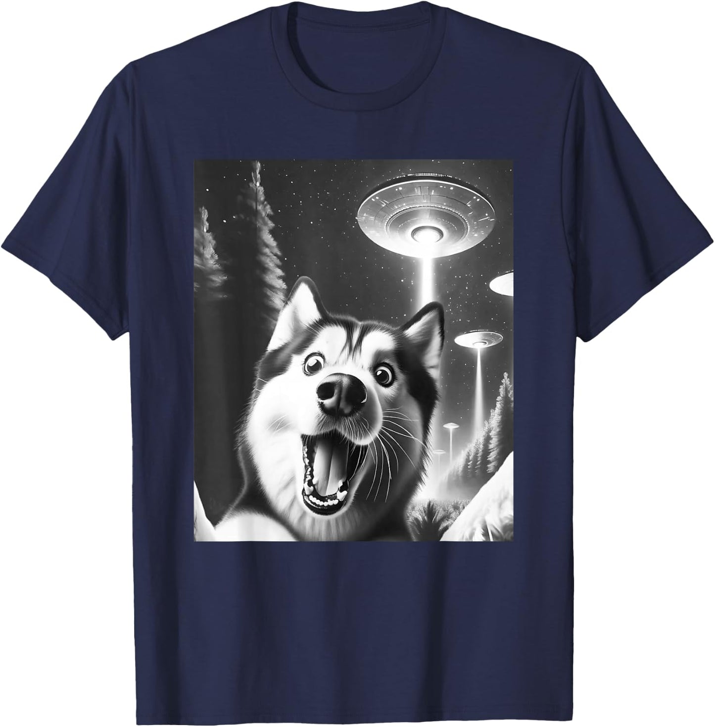 Funny Siberian Husky Alien UFO Taking a Selfie Dog Mom Dad T-Shirt - T-Shirt | Navy