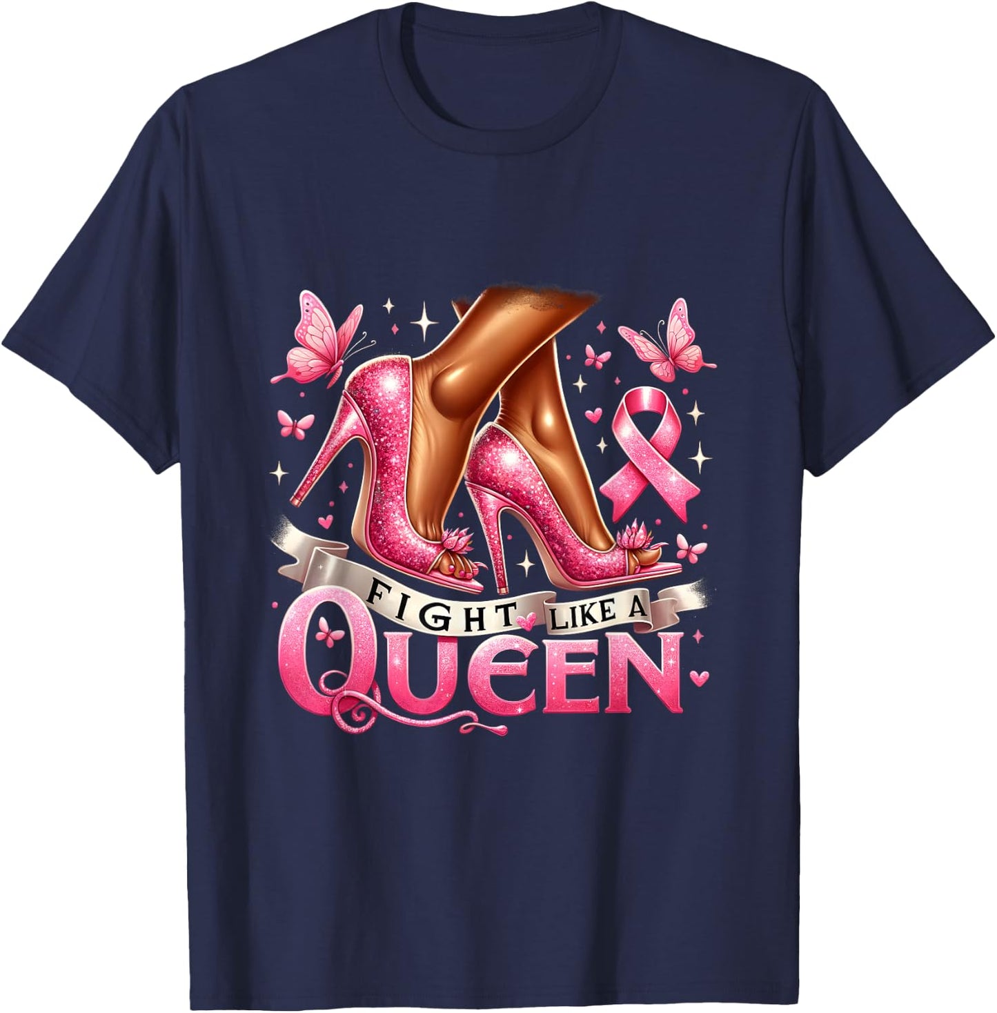 Black Queen Woman Fight Like A Queen Breast Cancer Awareness T-Shirt - T-Shirt | Navy