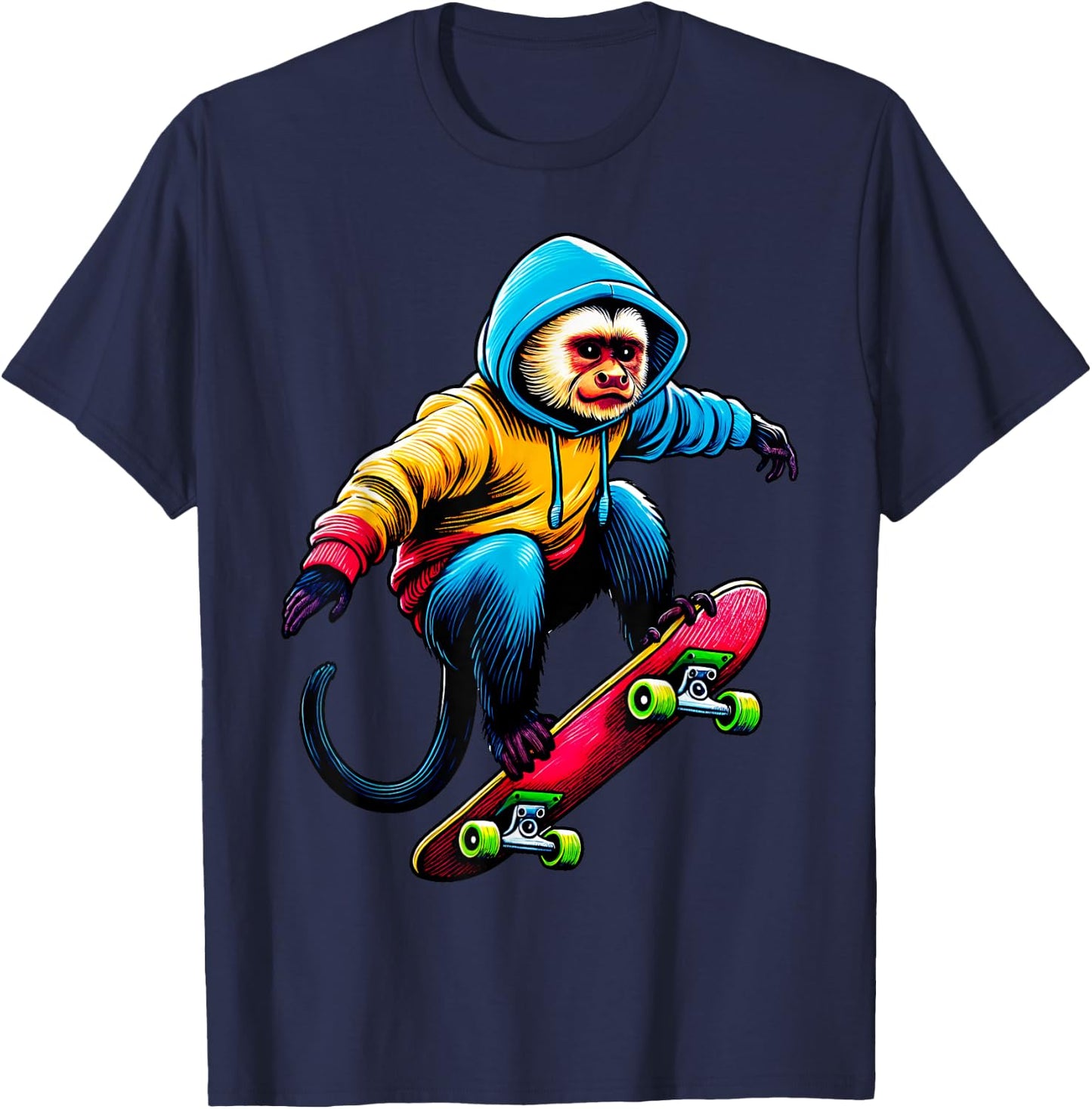 Cool Funky Capuchin Monkey Skateboarding Illustration Art T-Shirt - T-Shirt | Navy