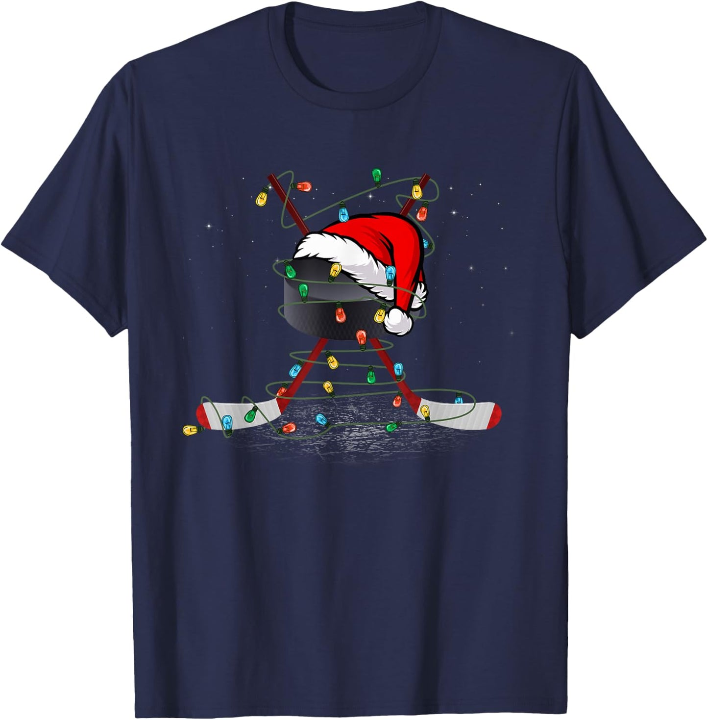 Funny Christmas Hockey Santa Hat Xmas Lights Kids Boys Men T-Shirt - T-Shirt | Navy