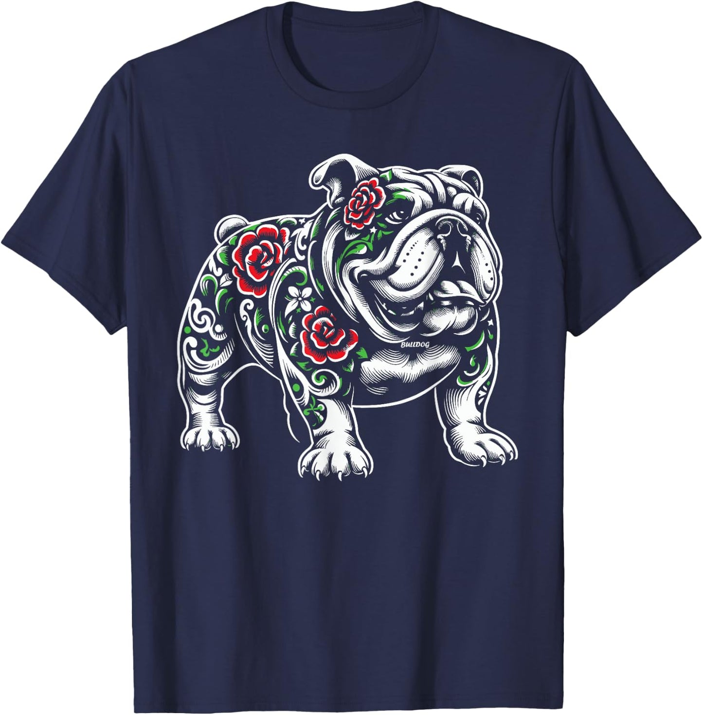 Bulldog Floral Red Rose T-Shirt - T-Shirt | Navy