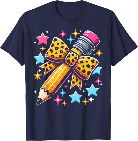 Pencil Leopard Coquette Bow Teacher Life Back To School T-Shirt - T-Shirt | Navy