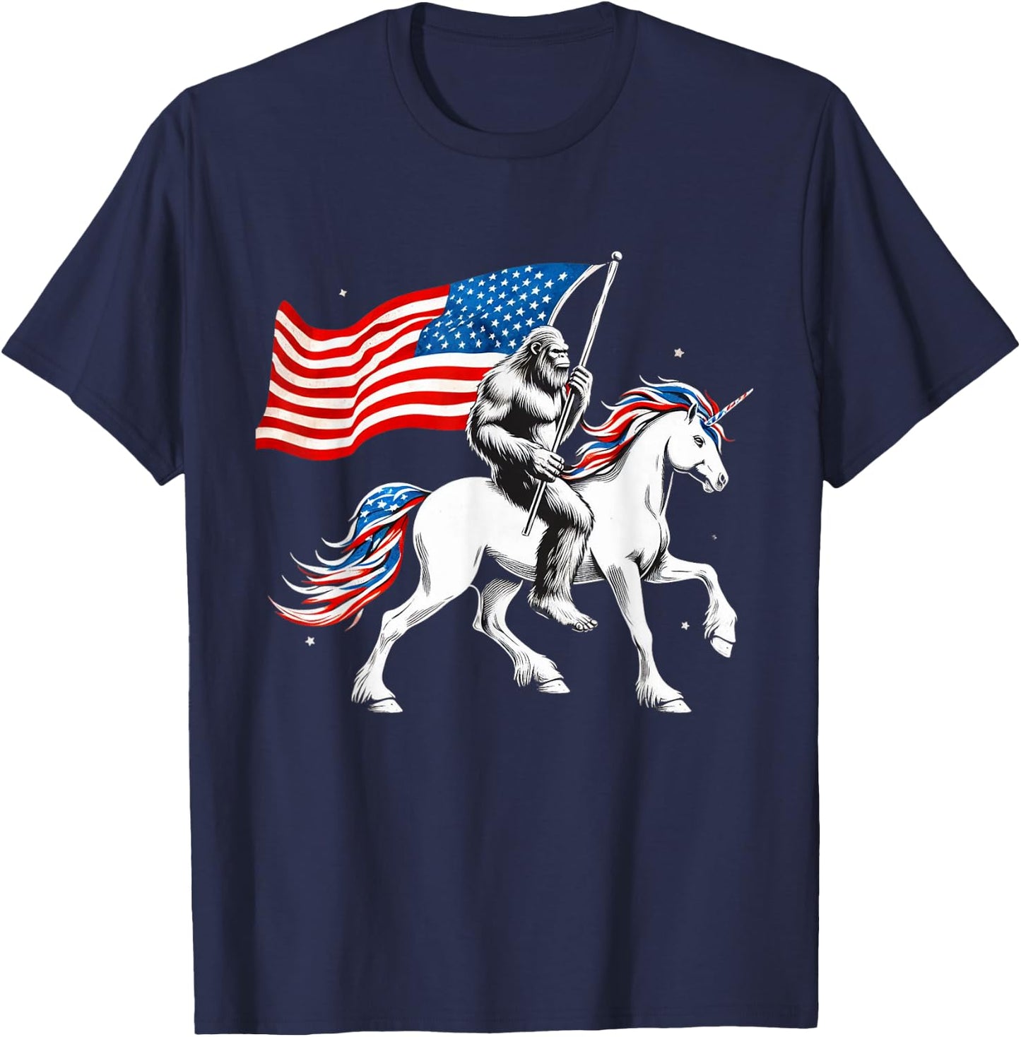 Patriotic Bigfoot Riding Unicorn 4th Of July Sasquatch Women Kids Men T-Shirt - T-Shirt | Navy