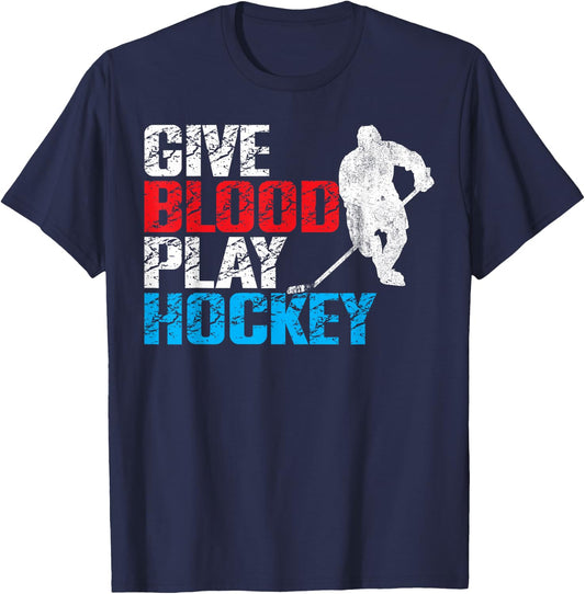 Ice Hockey Vintage Give Blood Play Hockey T-Shirt - T-Shirt | Navy