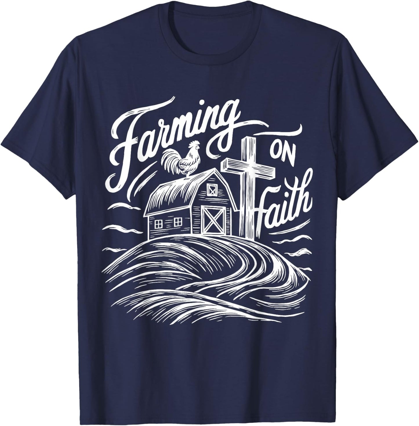 Farming on Faith Barn Cross Christian Farmer Religious T-Shirt - T-Shirt | Navy
