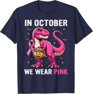 In October We Wear Pink Dinosaur Boys Kids Breast Cancer T-Shirt - T-Shirt | Navy