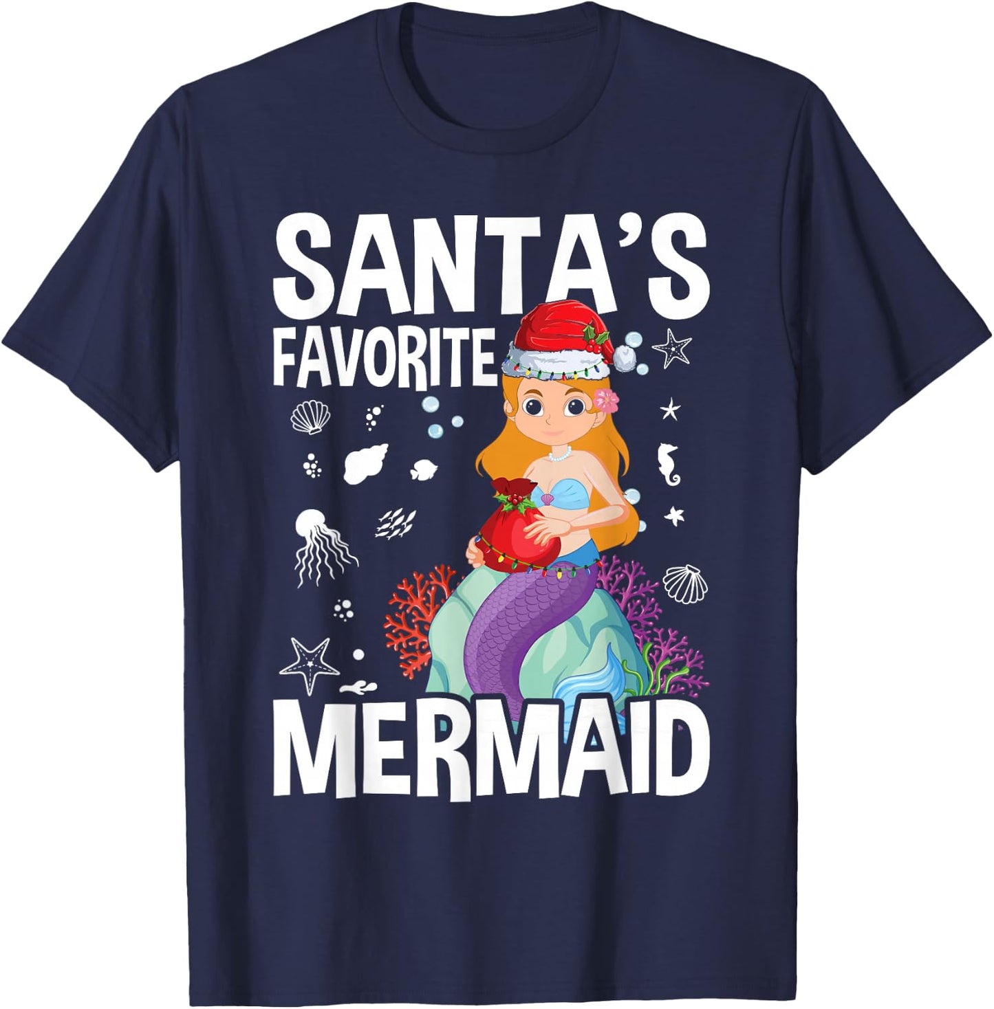 Santa's Favorite Mermaid Christmas T-Shirt - T-Shirt | Navy