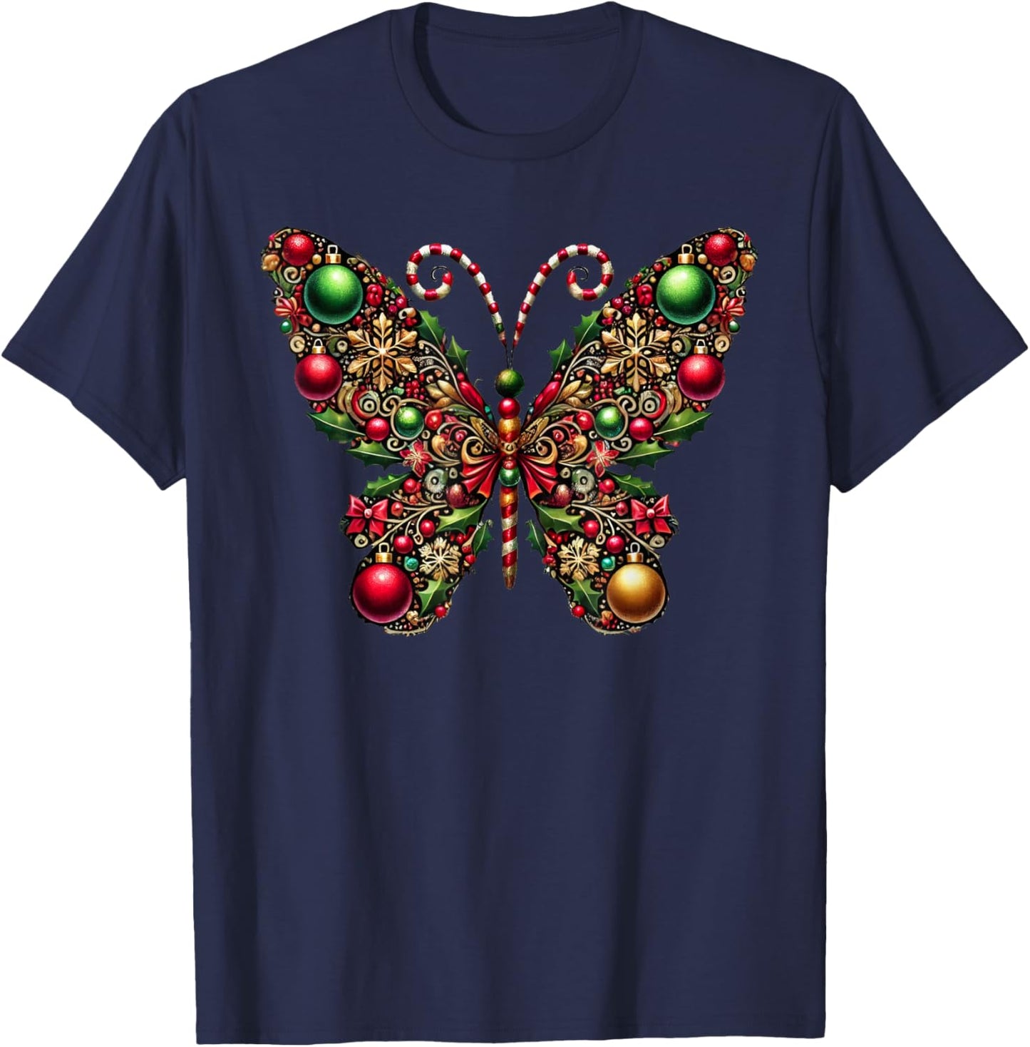 Christmas Butterfly Xmas Apparel -Child Christmas Butterfly Winter Black Small T-Shirt - T-Shirt | Navy