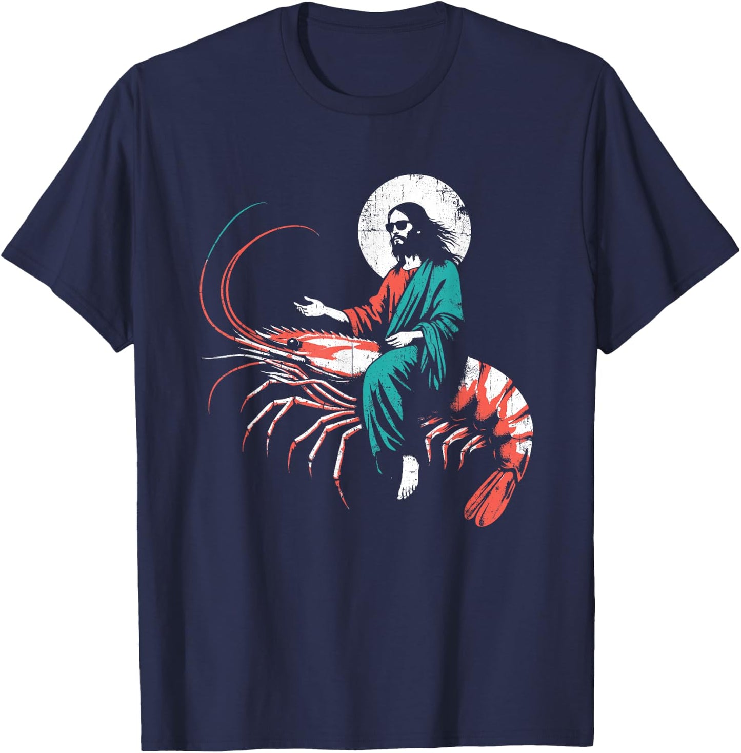 Jesus Riding A Shrimp - Funny Christian Prawn Lover T-Shirt - T-Shirt | Navy