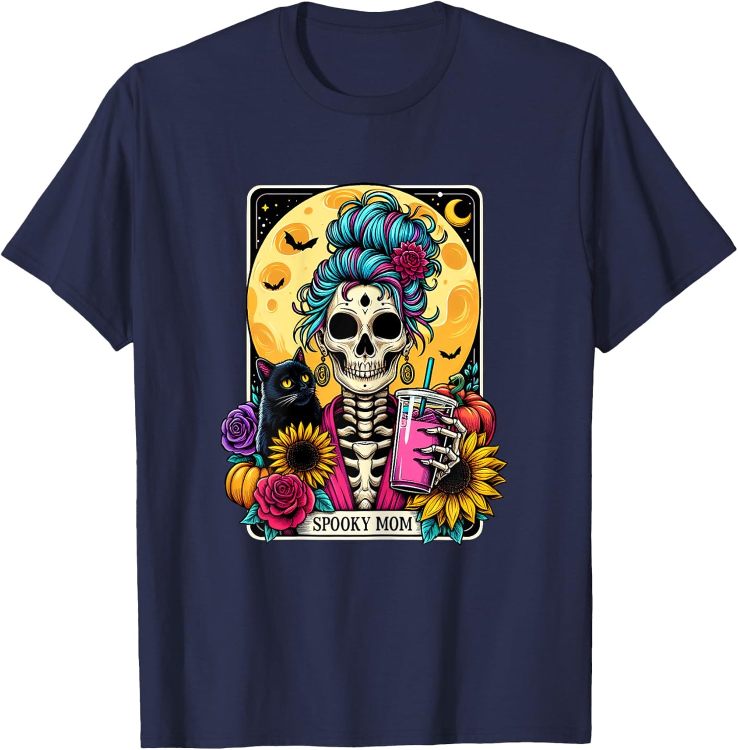 Spooky Mom Tarot Card Halloween Mom Skull Mama Black Cat T-Shirt - T-Shirt | Navy