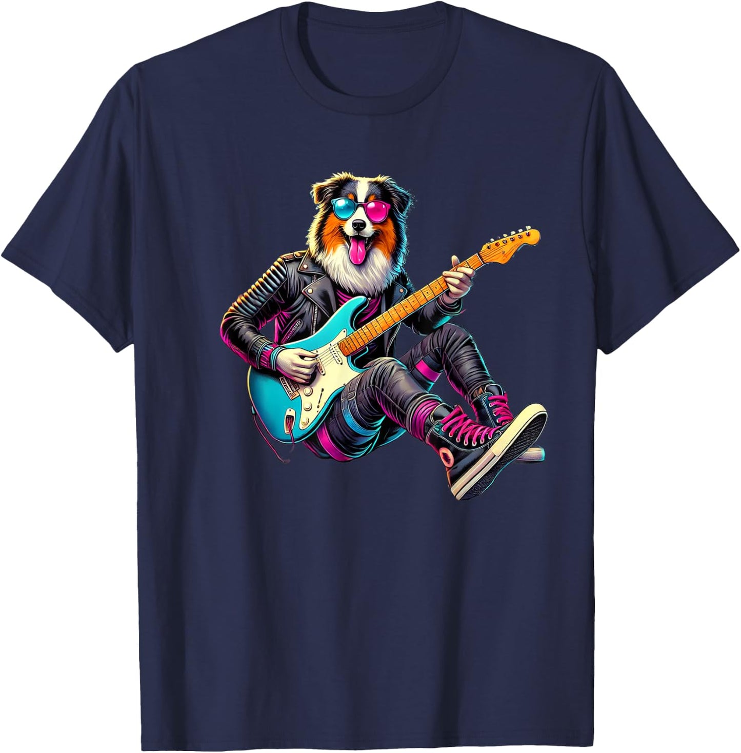 Australian Shepherd Electric Guitar Funny Dog Rock Band Pet Men Women Kids T-Shirt - T-Shirt | Navy