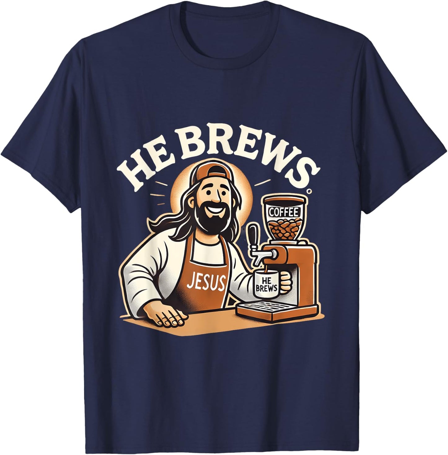 He Brews Coffee Jesus Cartoon Fun Christian Design T-Shirt - T-Shirt | Navy