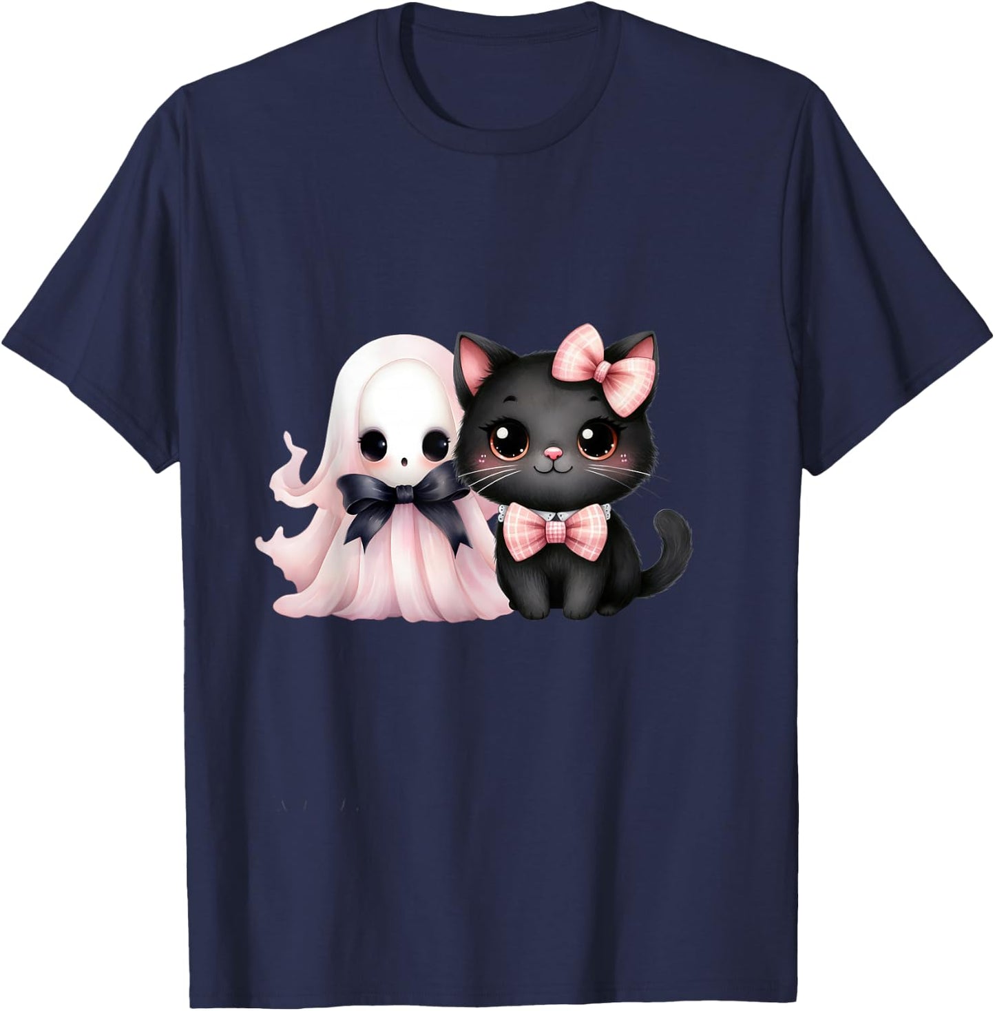 Black Cat Pink Ghost Halloween Pink Bows Coquette Girl Women T-Shirt - T-Shirt | Navy