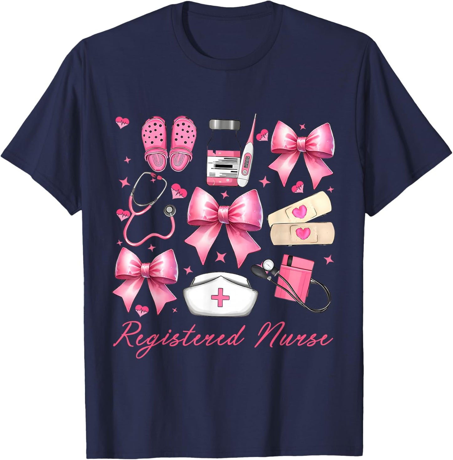 Cute Pink Coquette Bow Girly Registered Nurse T-Shirt - T-Shirt | Navy