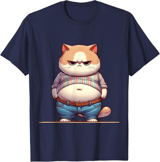 Funny Fat Cat Graphic Fat Kitten Design Chubby Cat Lover Women Girls Kids T-Shirt - T-Shirt | Navy